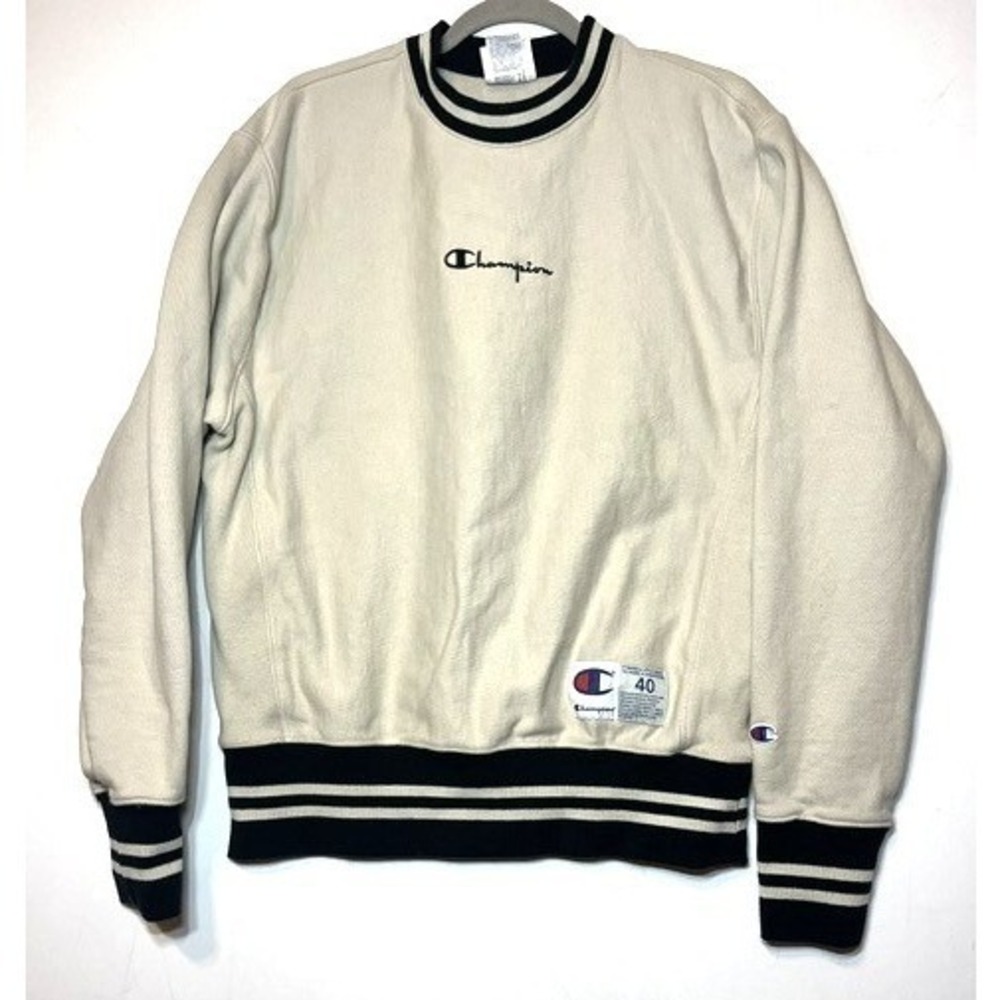 Champion Reverse Weave Sweatshirt Mens Medium Cream Navy Striped Rib S42258